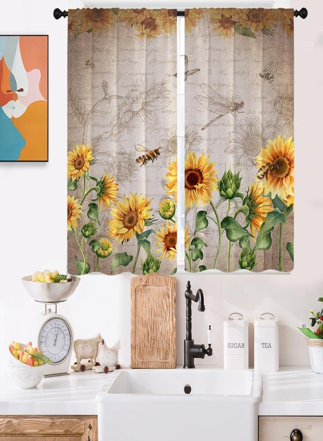 Kikiry Sunflower Kitchen Curtains Mini 27.5''W x 39''L Yellow Floral Flower Farmhouse Country Vintage Cottage Retro Short Small Cafe Room Rod Pocket Window Drapes Treatment Tiers Fabric 1 Pair - Image 1
